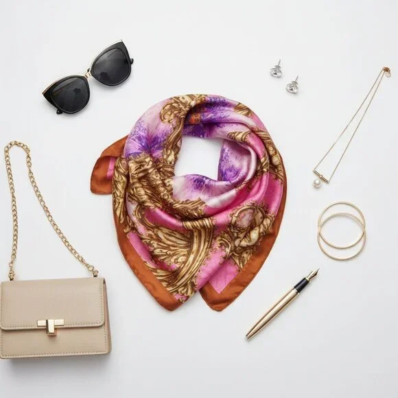 Pink Floral Satin Scarf 20x20 Women's Hair Tie Neck Wrist Wrap - Picture 8 of 10